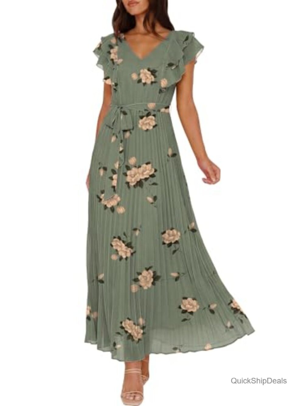 Floral Empire Waist Maxi Dress V-Neck Ruffle Sleeve Wedding Guest